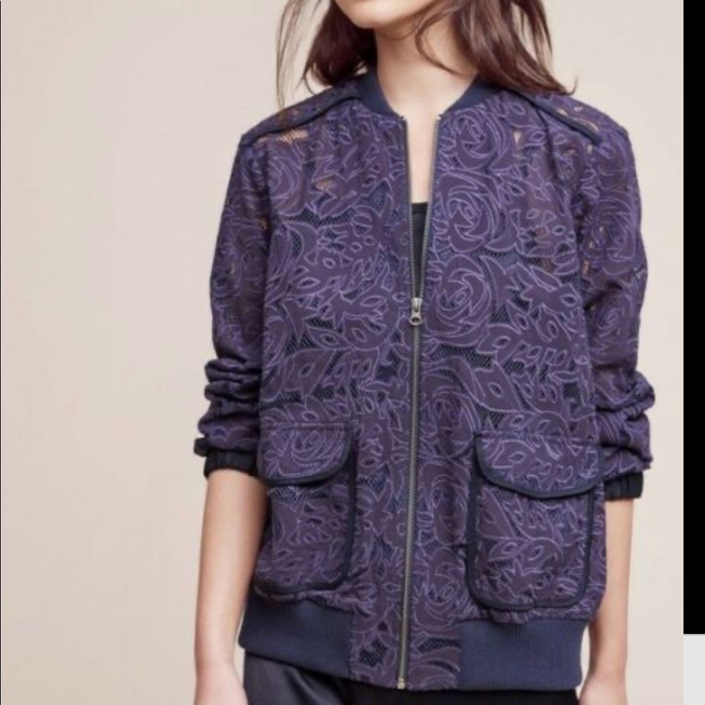 Anthropologie Elevenses Navy Miranda Lace Bomber Jacket Small